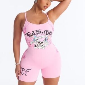 Ed Hardy Pink Skull Graphic Sleeveless Romper
